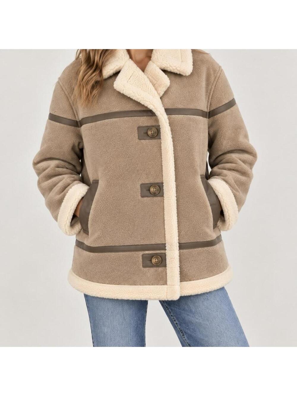 lineanddot Beige Faux Shearling Jacket with Button Closure